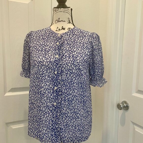 J.CREW BLOUSE SHORT SLEEVE SZ XS BLUE FLORAL COTTAGECORE PREPPY CHIC  RUFFLE - Picture 15 of 16